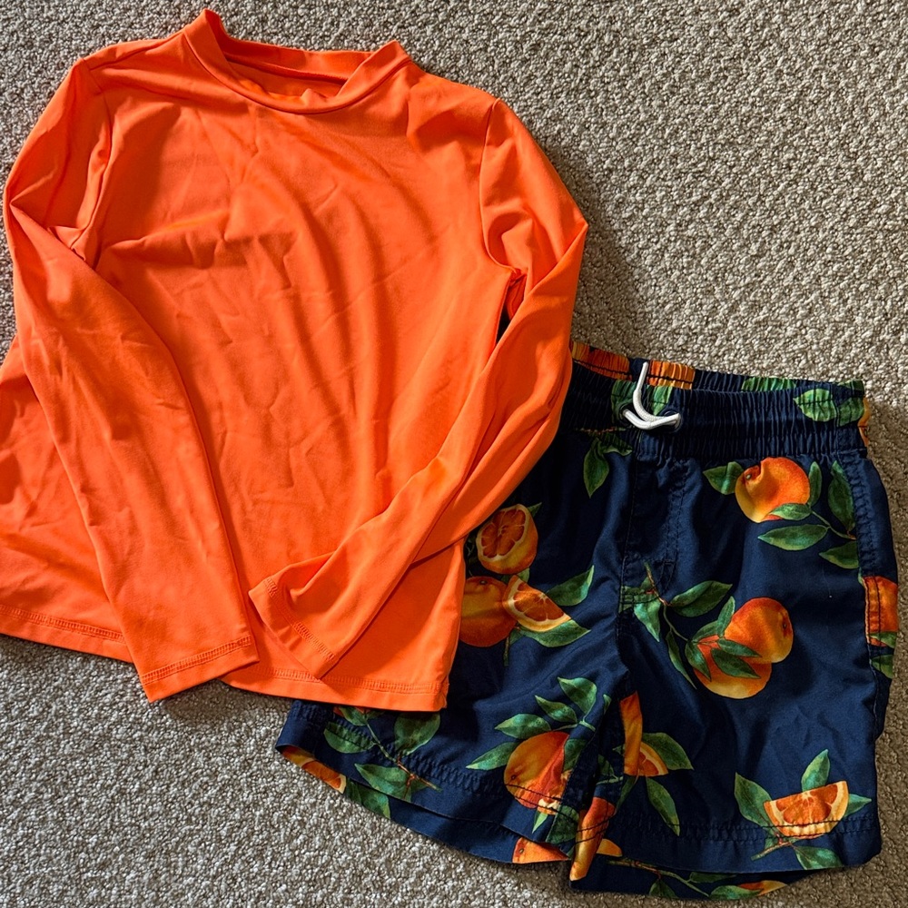 Orange Long Sleeve rashguard and Orange Print swim trunks (set of 2)